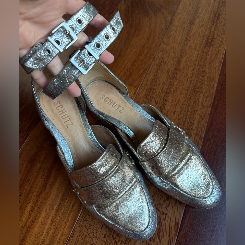 SCHUTZ Gold Silver Genuine Leather Flats, Size 6